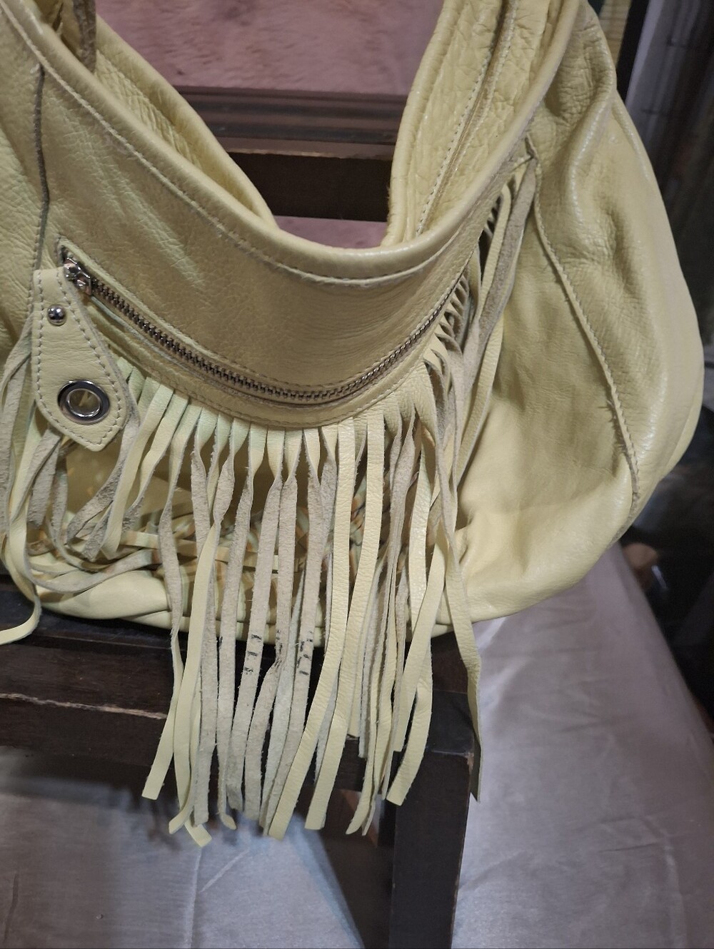 Fringed Leather Shoulder Bag in Pale Yellow
